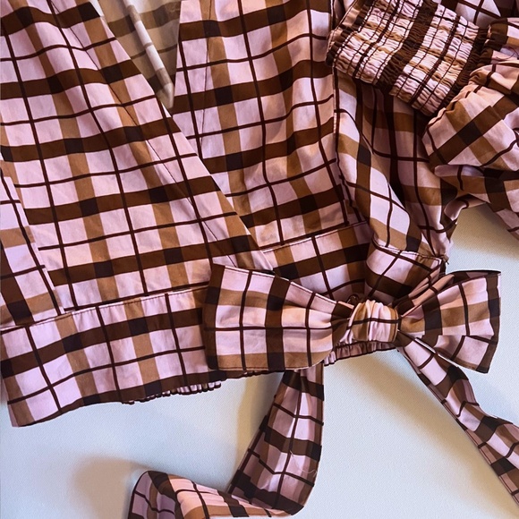 Anthropologie Maeve Bubble Sleeve Tie Front Babydoll Blouse Pink Plaid XS EUC - Picture 3 of 6